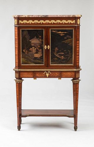 LOUIS XVI STYLE GILT-BRONZE AND COROMANDEL STYLE PAINTED MAHOGANY AND KINGWOOD CABINET ON STAND