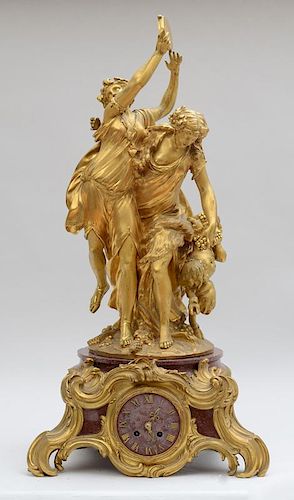 LOUIS XV STYLE GILT-BRONZE MOUNTED ROUGE GRIOTTE MARBLE MANTEL CLOCK, AFTER CLODION