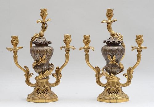 PAIR OF LOUIS XV STYLE GILT-BRONZE AND PATINATED BRONZE CANDELABRA