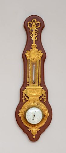 LOUIS XVI STYLE GILT-BRONZE-MOUNTED LEATHER-CLAD THERMOMETER/BAROMETER