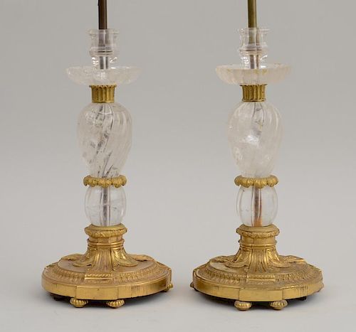 PAIR OF LOUIS XVI STYLE ROCK CRYSTAL AND GILT-BRONZE CANDLESTICK LAMPS