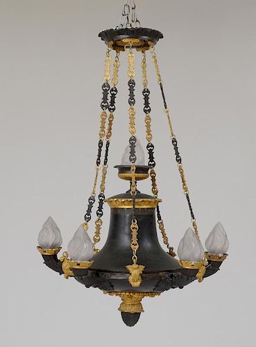 EMPIRE STYLE PATINATED GILT-BRONZE AND METAL SIX-LIGHT CHANDELIER