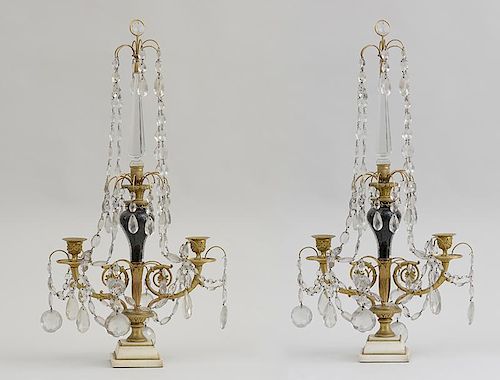 PAIR OF LOUIS XVI STYLE GLASS-MOUNTED GILT-BRONZE AND MARBLE TWO-LIGHT CANDELABRA