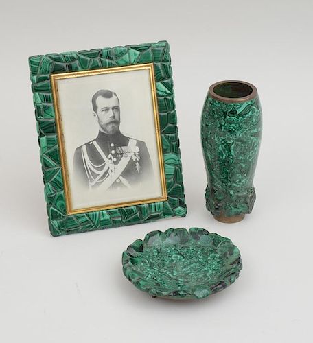 ITALIAN SILVER-GILT-MOUNTED MALACHITE FRAME ENCLOSING A PHOTOGRAPH OF CZAR NICHOLAS II, AND TWO OTHER MALACHITE ARTICLES