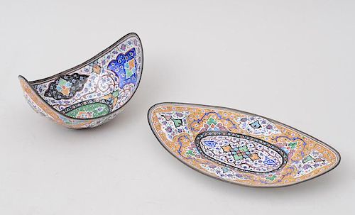 PERSIAN ENAMELED COPPER KOVSH AND STAND
