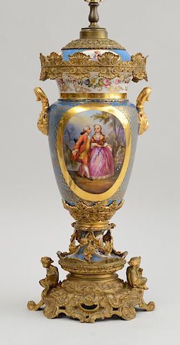 NAPOLEON III GILT-METAL-MOUNTED PICTORIAL PORCELAIN VASE AND COVER, MOUNTED AS LAMP
