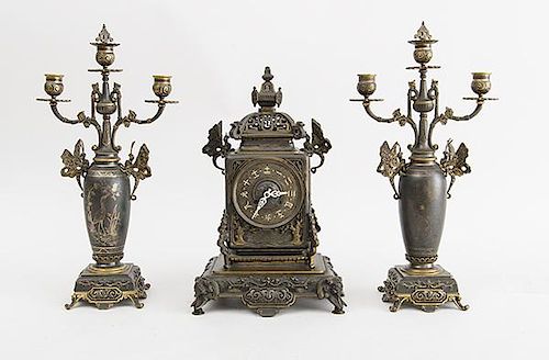 NAPOLEON III GILT AND PATINATED METAL GARNITURE, IN THE JAPANESE TASTE