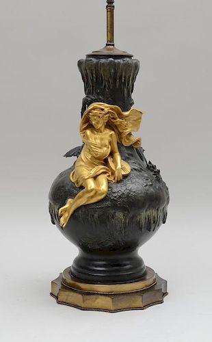 TERVILLE SUAN: BRONZE AND GILT-METAL FIGURAL-DECORATED VASE, MOUNTED AS A LAMP