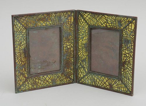 TIFFANY TYPE BRONZE AND GLASS TWO-PANEL PICTURE FRAME, IN THE "SPIDER WEB" PATTERN
