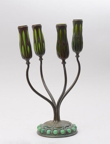 TIFFANY STUDIOS PATINATED BRONZE AND FAVRILE GLASS FOUR-LIGHT CANDELABRUM