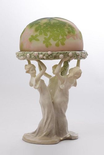 PODANY POTTERY FIGURAL LAMP WITH GALLÉ CAMEO GLASS SHADE