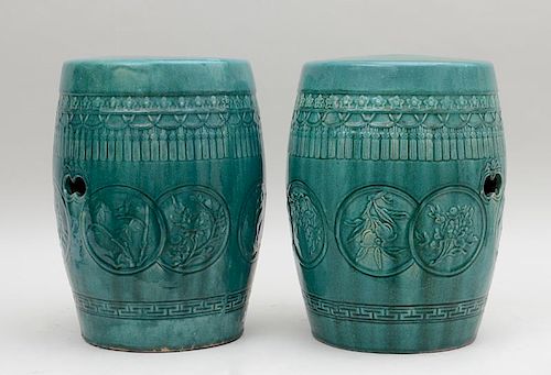 PAIR OF CHINESE TURQUOISE-GLAZED POTTERY BARREL-FORM GARDEN SEATS