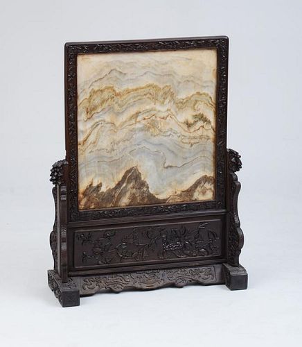 CHINESE CARVED HARDWOOD AND DREAMSTONE TABLE SCREEN