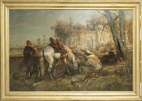 CHRISTIAN ADOLF SCHREYER (1828-1899): TWO RECLINING ARABS AND TWO TETHERED HORSES
