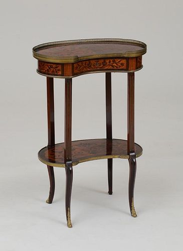 LOUIS XV/XVI STYLE BRASS-MOUNTED ROSEWOOD AND KINGWOOD MARQUETRY TABLE À ÉCRIRE, STAMPED EDWARDS AND ROBERTS