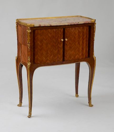 LOUIS XV STYLE GILT-BRONZE-MOUNTED KINGWOOD AND TULIPWOOD PARQUETRY SIDE CABINET