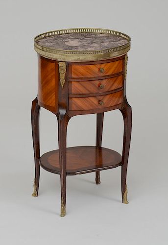 LOUIS XV/XVI STYLE MAHOGANY AND TULIPWOOD PARQUETRY TABLE EN CHIFFONIÈRE