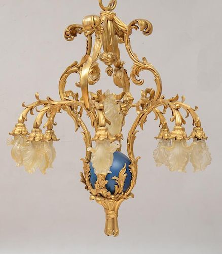 PAIR OF LOUIS XV STYLE BLUE-ENAMEL AND GILT-BRONZE EIGHT-LIGHT CHANDELIERS