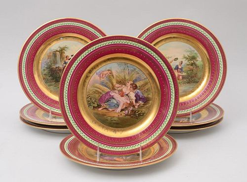 SET OF EIGHT VIENNA HAND-COLORED TRANSFER-PRINTED PORCELAIN CABINET PLATES