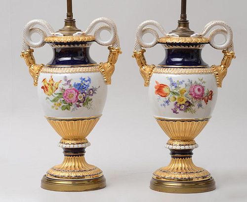 PAIR OF PORCELAIN URNS, MOUNTED AS LAMPS