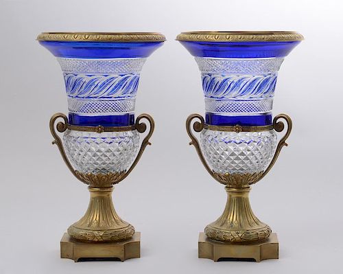 PAIR OF CHARLES X STYLE GILT-BRONZE-MOUNTED CUT-BLUE OVERLAY GLASS URNS