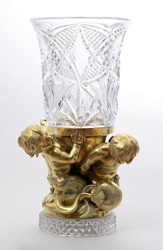 NAPOLEON III STYLE GILT BRASS STAND FITTED WITH LATER BACCARAT VASE