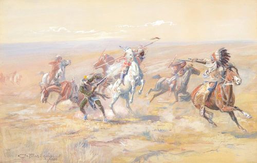 CHARLES M. RUSSELL (1864-1926), When Sioux and Blackfoot Meet (1904)
