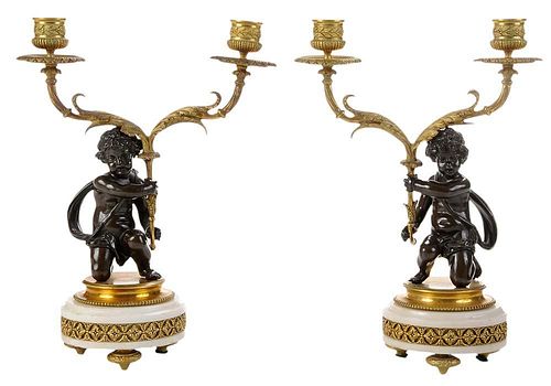 Pair Patinated Bronze Putti Figural