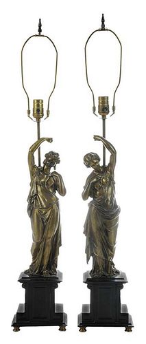 Pair Patinated Bronze Figures of