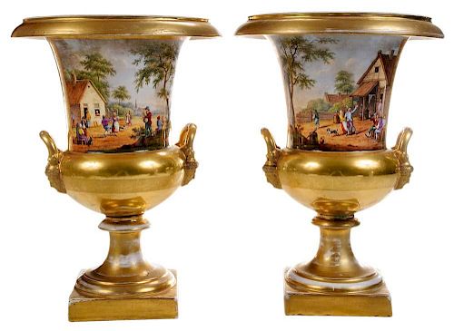 Pair of Gilded French Porcelain Urns