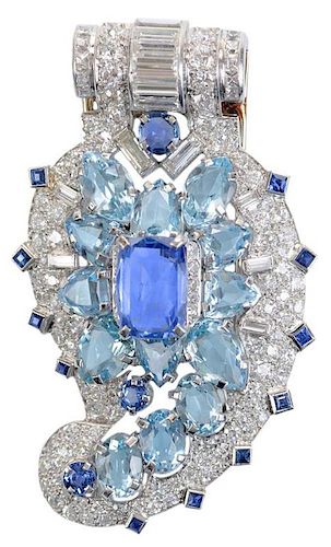 Cartier Platinum, Sapphire and Aquamarine Brooch Clip
