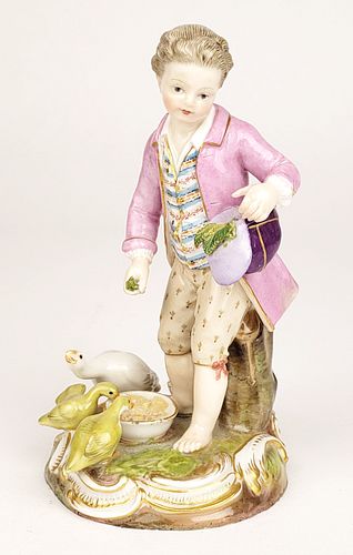 19th C. Meissen Porcelain Figure of Boy Feeding Ducks. Measures H: 5"