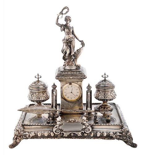 German Silver Standish Desk Clock