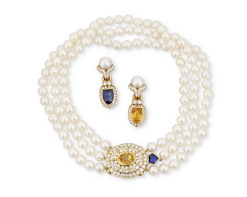 A set of Italian yellow and blue sapphire, cultured pearl and diamond jewelry