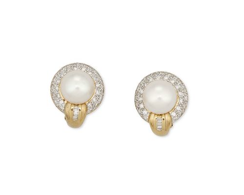 A pair of cultured pearl and diamond ear clips