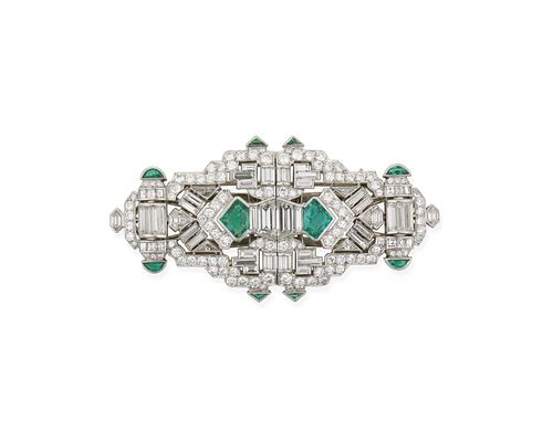 An Art Deco emerald and diamond double-clip brooch