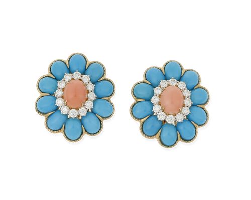 A pair of coral, turquoise and diamond earrings