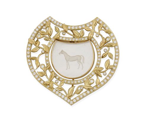 A mother-of-pearl and diamond horse-themed brooch by Patricia Fruttauro