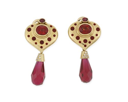 A pair of spinel, enamel, diamond and synthetic ruby ear clips