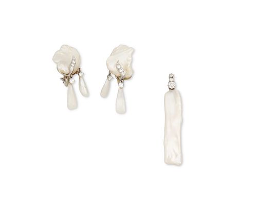 An assembled set of pearl and diamond jewelry including Ruser ear clips