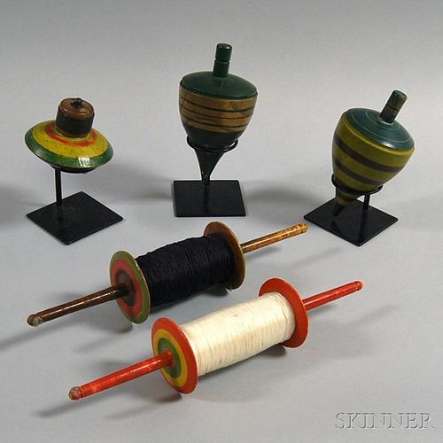 Three Large Painted Tops and Two Kite Spools
