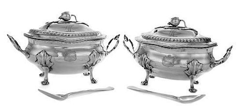 * A Pair of George III Silver Sauce Tureens, John Robins, London, 1800, each domed lid surmounted by a pomegranate finial and en