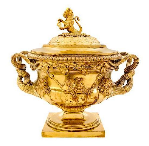 * A George III Silver-Gilt Tureen, Benjamin Smith II & Benjamin Smith III, London, 1817, modeled after the Warwick vase, the lid
