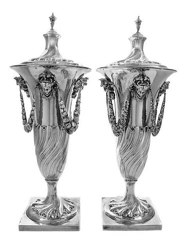 A Matched Pair of English Silver-Plate Covered Urns, Likely Henry Wilkinson & Co., Sheffield, 19th Century, each cover surmounte