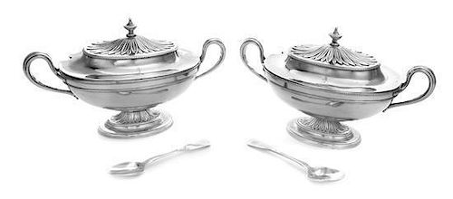 * A Pair of English Silver-Plate Sauce Tureens, 19th Century, each removable cover with an urn form finial, a crown of leaves an
