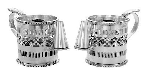 * A Pair of English Silver-Plate Chambersticks, 19th Century, each formed as a mug with pierced sides.