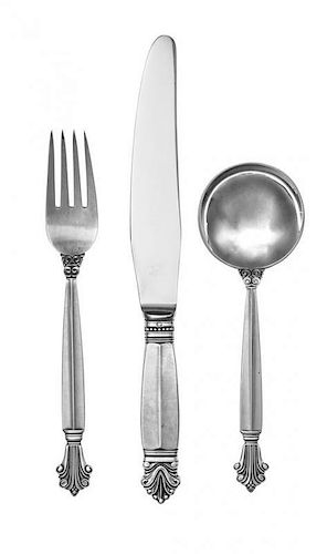 A Danish Silver Flatware Service, Georg Jensen Silversmithy, Copenhagen, Acanthus pattern, comprising: 12 dinner knives 12 butte