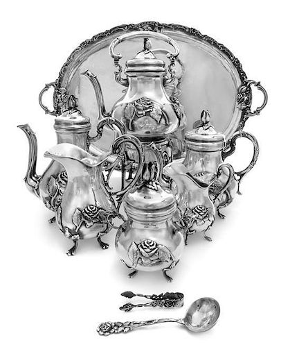 A German Silver Seven-Piece Tea and Coffee Service, Maker's Mark Obscured, comprising a water kettle on stand, a teapot, a coffe
