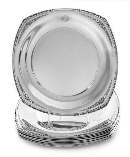 Twelve American Silver Dinner Plates, R. Wallace and Sons, Wallingford, CT, of square form with rounded sides, the rims worked t