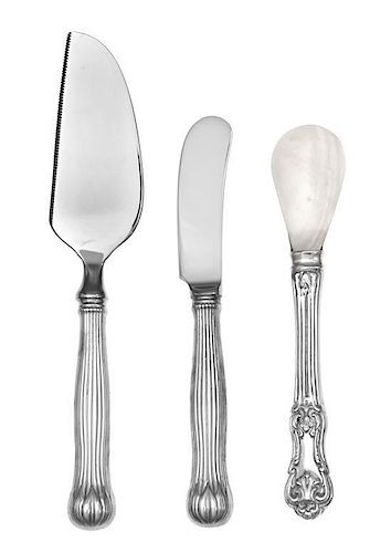 An American Silver and Morther-of-Pearl Caviar Set, Tiffany & Co., New York, NY, comprising a server, a spreader and a spoon, th
